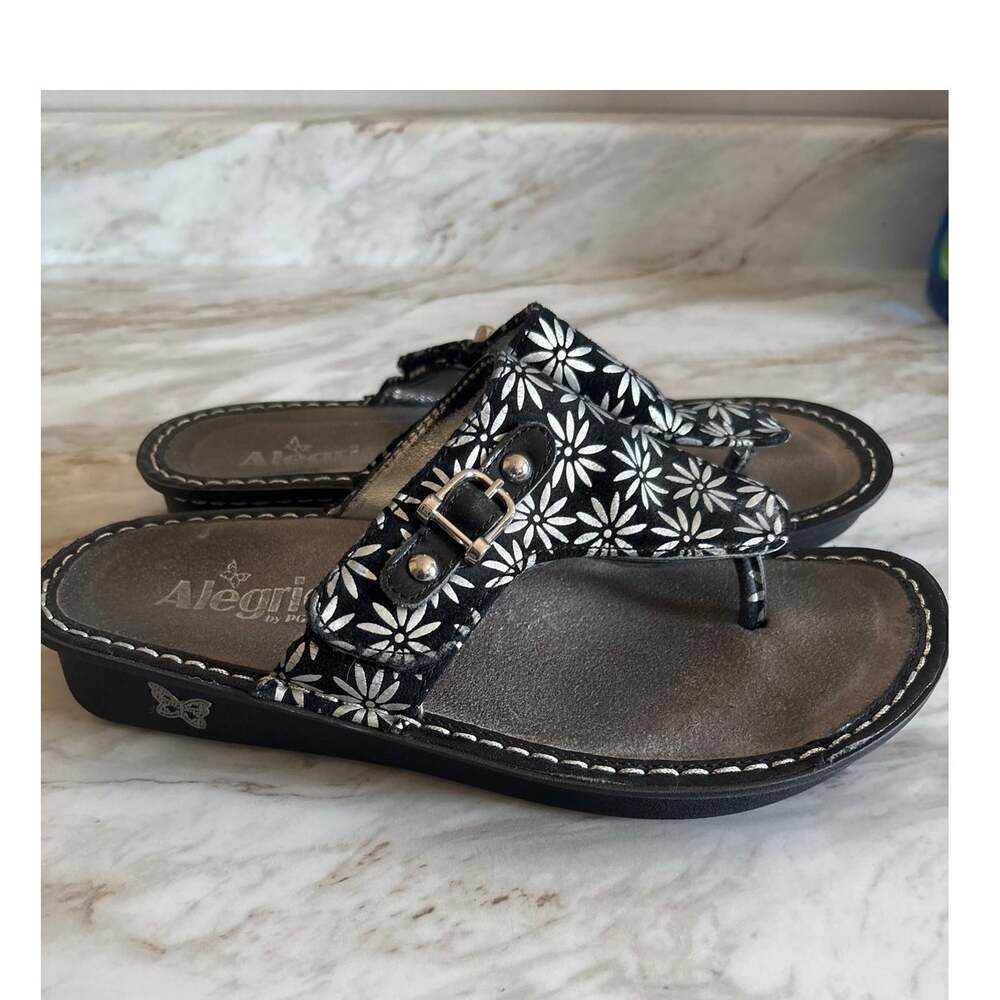 Alegria Vanessa VAN-321 Silver Gerber Floral Thong Sandals Women 38 US 7.5 8